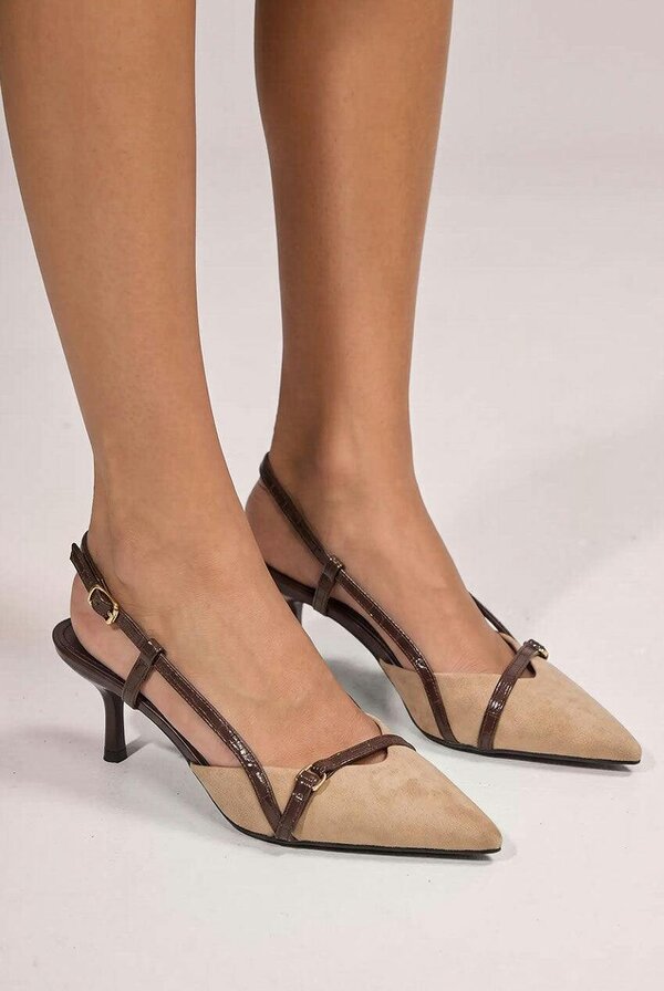 Goddiva Pointed Slingback Heels With Croc-Style Straps - Beige by Goddiva