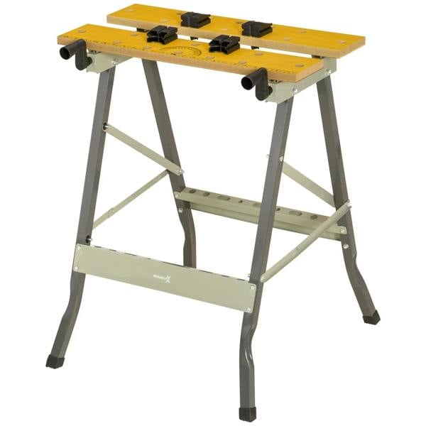 Folding work bench clamp table with yellow top, black swivel pegs, and gray folding legs