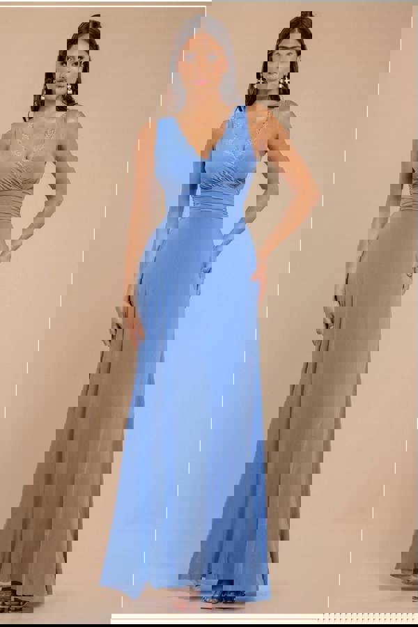 Diamante & Scalloped Lace Neck Maxi Dress - Cornflower Blue DR4120