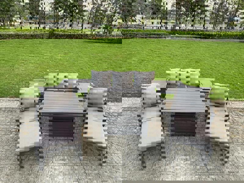 Fimous 7 Seater Aluminium Garden Furniture Set with Adjustable Rising Dining Table, 2 Chairs, 2 Footstools, 2 Side Tables - Grey