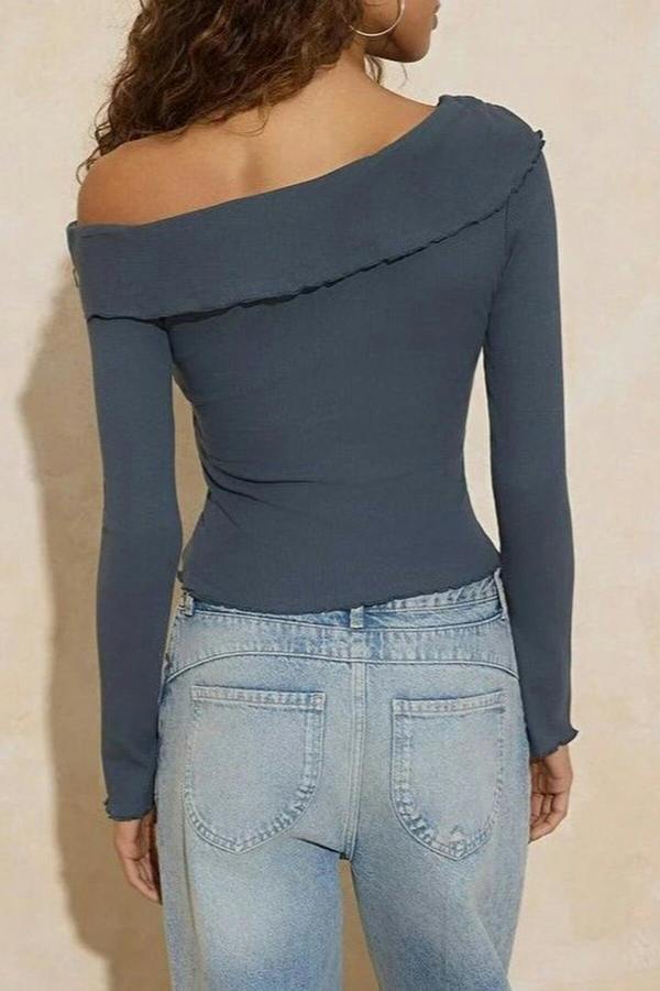WOVCOR Asymmetrical Collar Ribbed Stretch Knit Blouse with Accessory Details