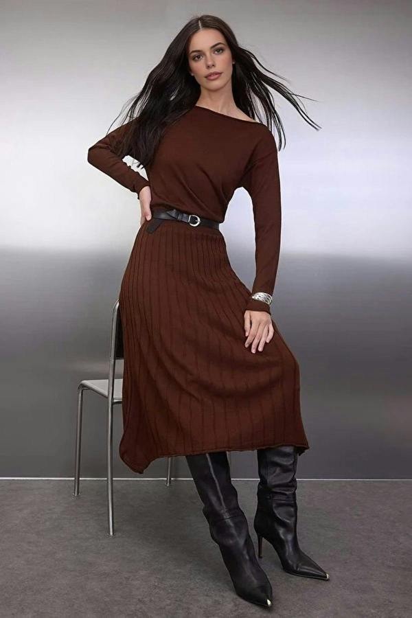 WOVCOR A-line Boat Neck Maxi Knit Belted Long Dress