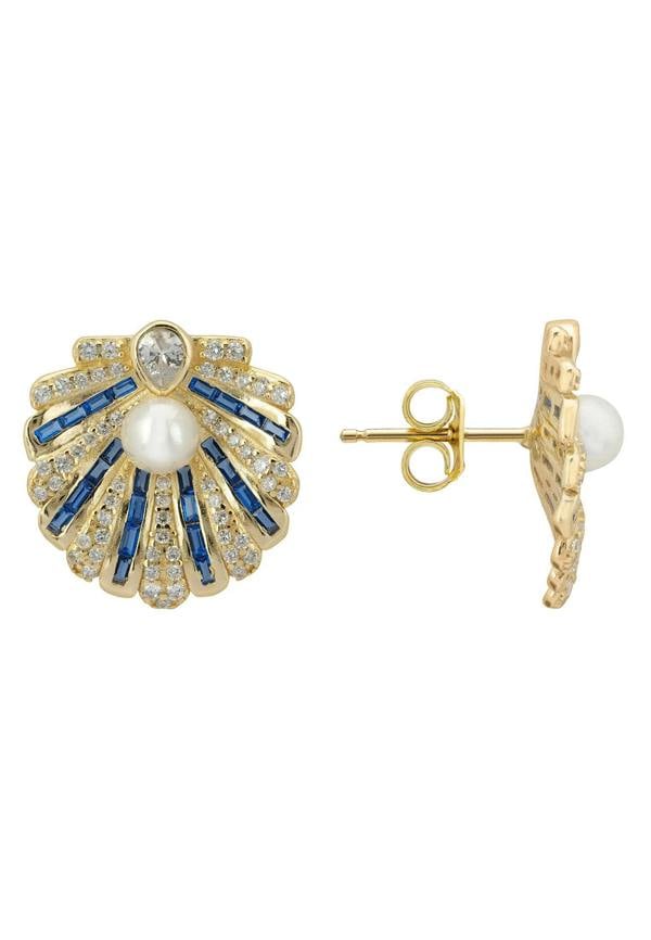 Latelita Art Deco Scallop Shell Earrings Sapphire Blue With Pearl Gold