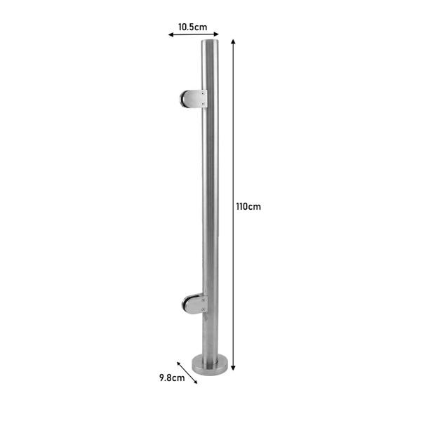 Stainless steel balustrade end post, 110cm high, featuring a sleek, polished finish with mounting brackets for easy installation