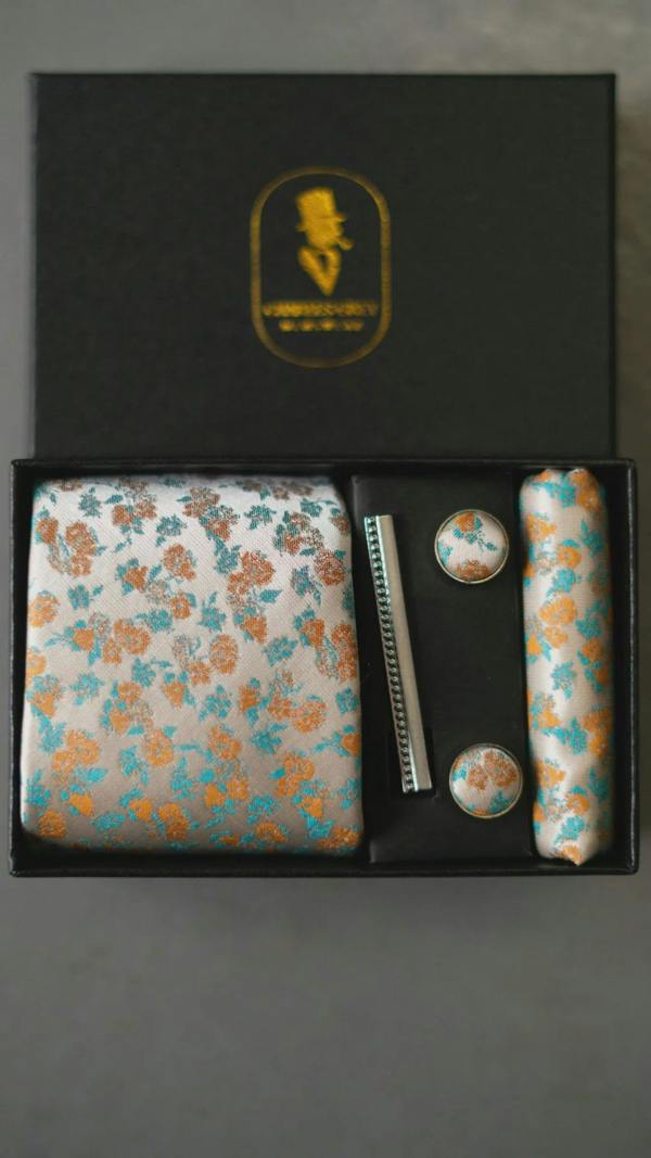 Charles Grey Floral Tie, Pocket Square, Cuff Link & Tie Clip Set - Orange, Turquoise & Beige