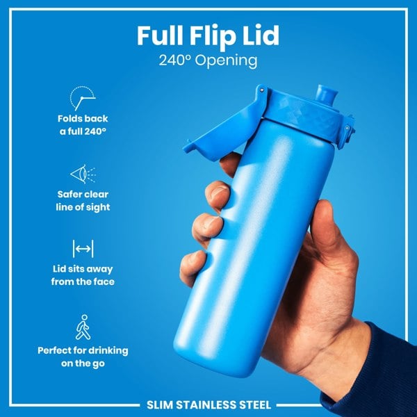 A blue, slim stainless steel water bottle is held; its full flip lid opens 240 degrees. The design allows for safer, hands-free drinking on the go.