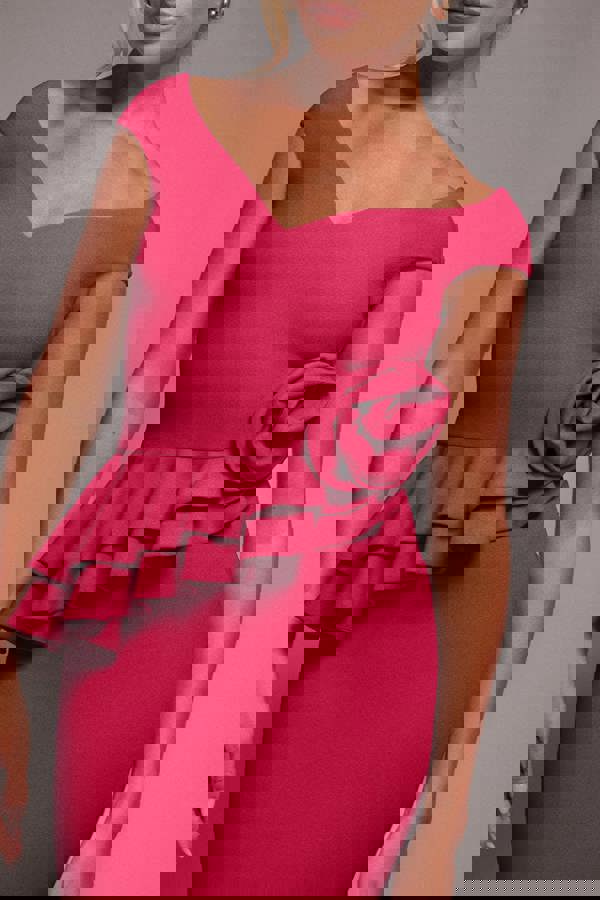 Scuba Crepe Rose Frill Maxi Dress - Magenta DR4281