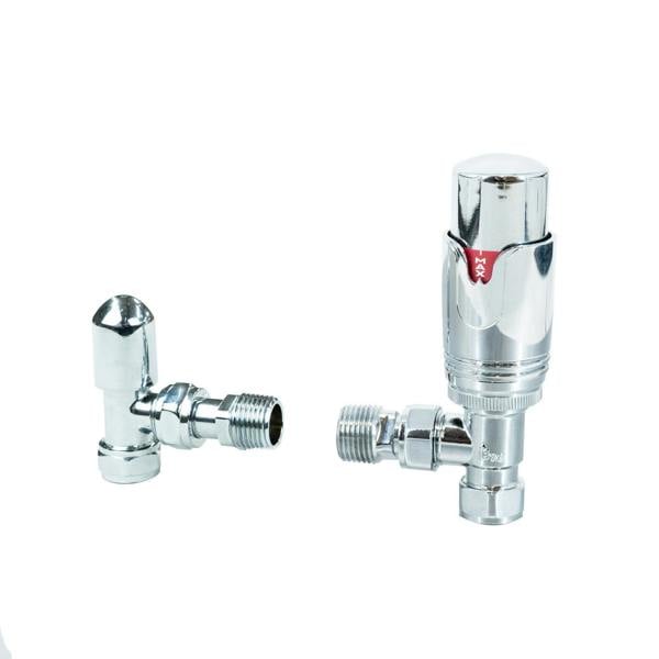 Polished chrome radiator valves with a sleek design, featuring a rounded head and angled body for easy installation and adjustment