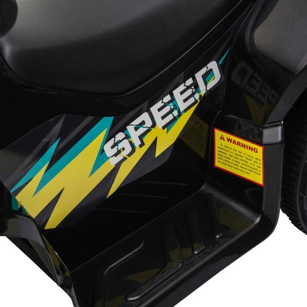 Close-up of black ride-on car side panel with SPEED decal and warning label