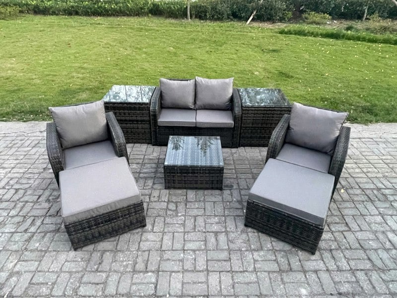 Fimous Rattan Garden Furniture Set Patio Conservatory Indoor Outdoor 6 Seater Set with Love Sofa Square Coffee Table 2 Big Footstool 2 Side Tables