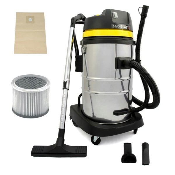 MAXBLAST 50L Industrial Vacuum Cleaner with stainless steel body, yellow accents, flexible hose, and multiple attachments for versatile cleaning