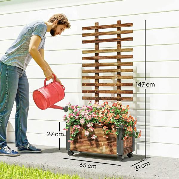 Carbonised wooden raised planter bed with trellis and caster wheels