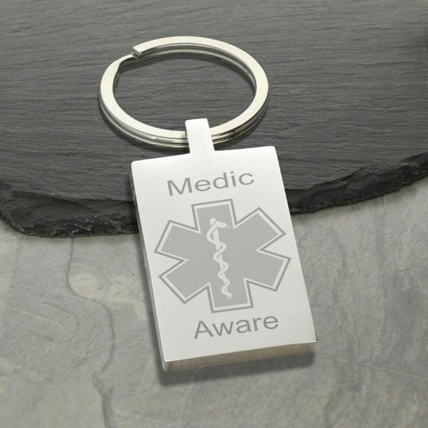 Christopher James of London Mirror Polished Rectangle Medic Aware Star Of Life Keyring With Engraving