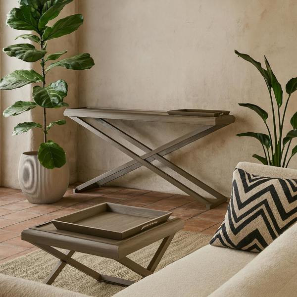 Wyld Haus Siena Grey Ages Oak Cross Frame Tray Console Table