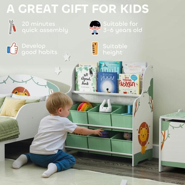 Kids Storage Unit, Toy Organiser with 6 Fabric Drawers and 2-Tier Sling Book Rack for Bedroom, Playroom, Nursery, Green