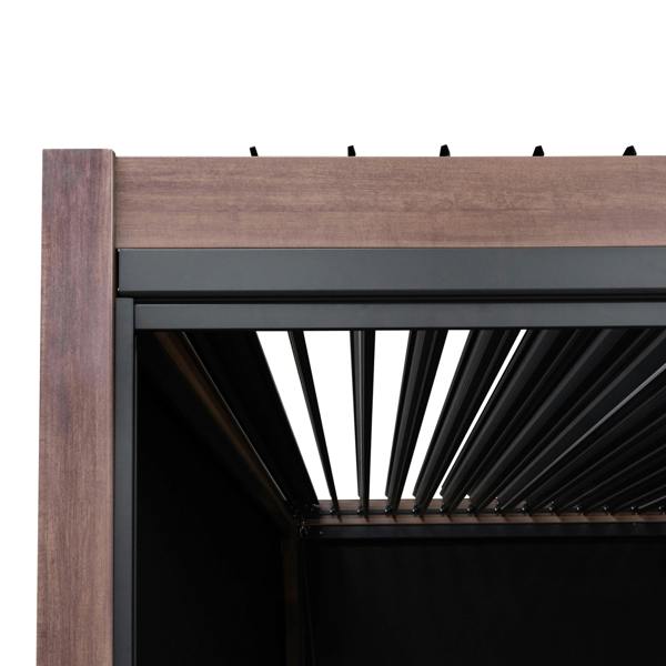 Wood effect aluminium pergola featuring adjustable slats, integrated blinds, and LED lights, showcasing a modern design and durable materials