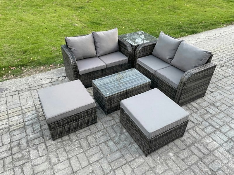 Fimous 6 Seater Garden Furniture Set Rattan Outdoor Lounge Sofa Chair With Tempered Glass Table 32 Big Footstools Side Table Dark Grey Mixed