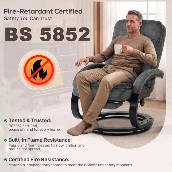 Swivel Recliner Chair, Velvet Recliner Armchair with Retractable Footrest, Dual-Layer Cushion, High Back, Dark Grey