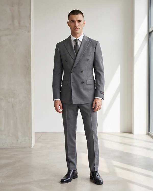 A man wearing a gray double-breasted suit, white dress shirt, and gray tie, standing in a bright, modern room with concrete walls and large windows.