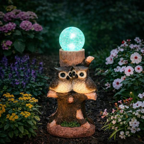 Gardenwize Solar Owl Multi-Colour Ball Light – Colour Changing LED Crackle Globe Garden Ornament