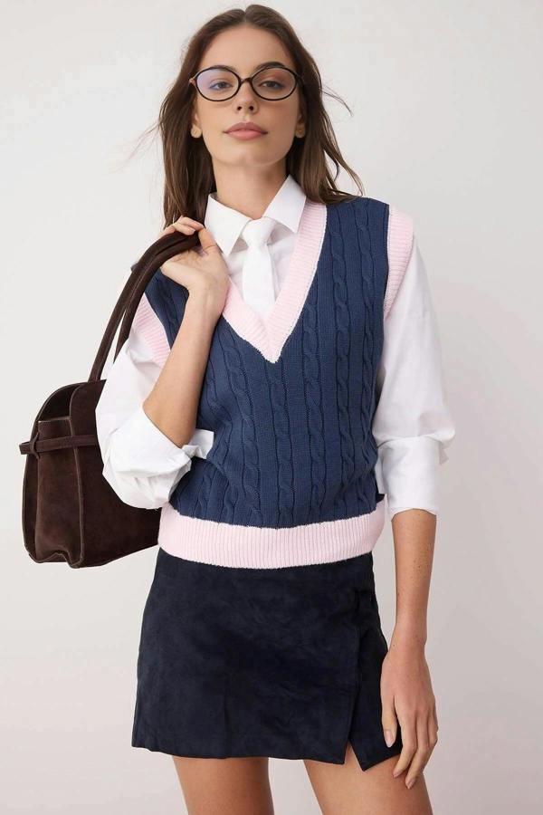 WOVCOR Crop Color-Block Hair Knit Sweater