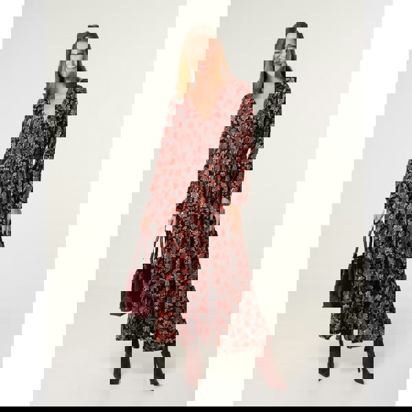 Blue Vanilla V Neck Shirred Long Sleeve Dress