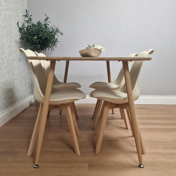 KOSY KOALA 4 Seater Modern Dining Table 140cm with Wood Effect Metal Leg and 4 Cream Chairs for Kitchen & Dining Room Furniture Set
