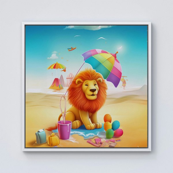 Warren Reed Lion On A Beach Holiday Framed Canvas