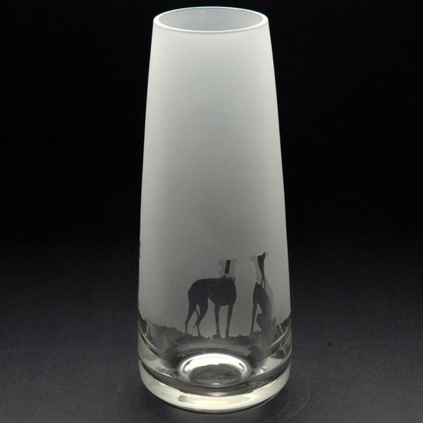 Glyptic Glass Art Greyhound Dog Glass Bud Vase - Hand Etched/Engraved Gift