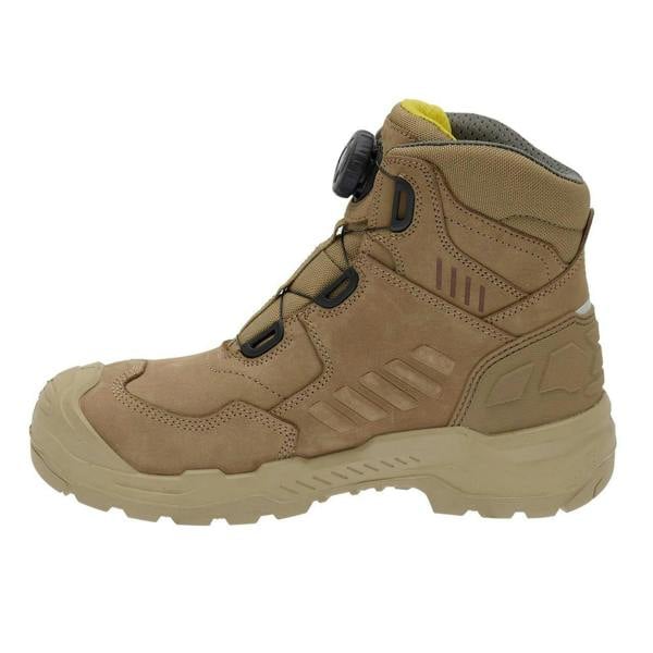 Stanley Michigan Mens Fitgo Lacing System Waterproof S7 Safety Boots, tan-colored work boots with durable synthetic leather and breathable mesh lining, featuring quick-lace system for secure fit and slip-resistant outsole.