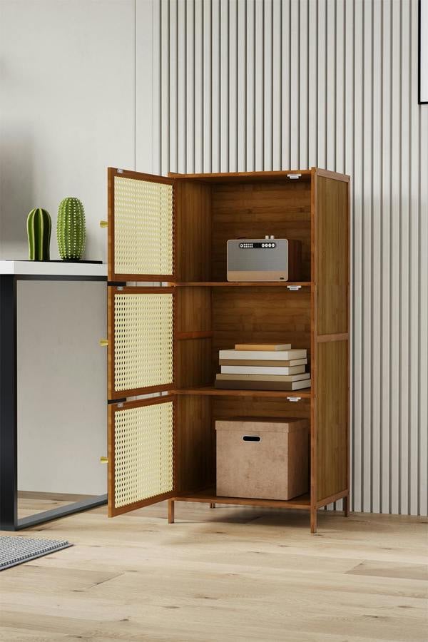Living and Home 3-Tier Bamboo Bookcase Bookshelf Storage Rack with Doors
