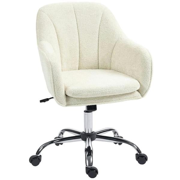 Beige flannel office chair with rounded arms, cushioned seat, chrome base and casters