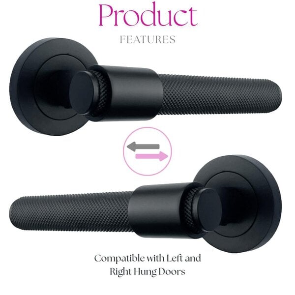 EDH Door Hardware Knurled Door Handles Matt Black Loop & Neck Lever on Round Rose Latch