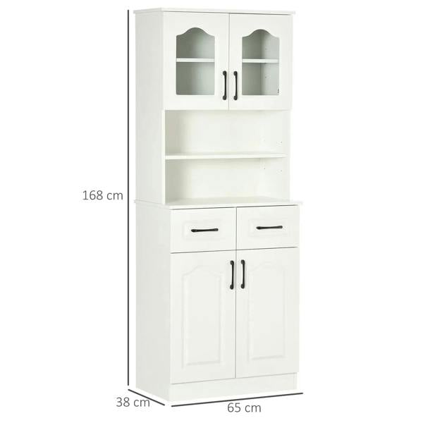 White freestanding cabinet front with two top door compartments, shelves, drawers, and doors