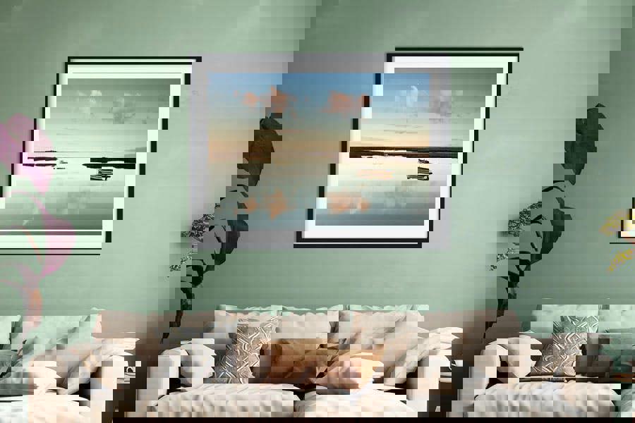 framed art print of boat on lake