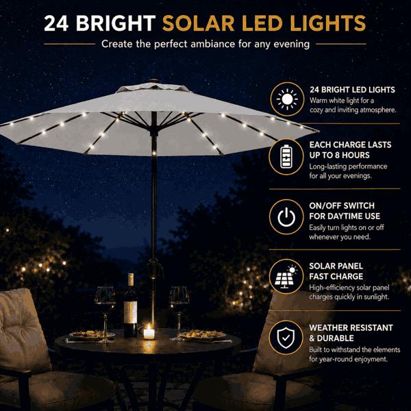 GlamHaus Garden Parasol Solar LED 2.7M ,Tilting Table Umbrella with Crank Handle, Protection UV40, Includes Parasol Cover- Grey