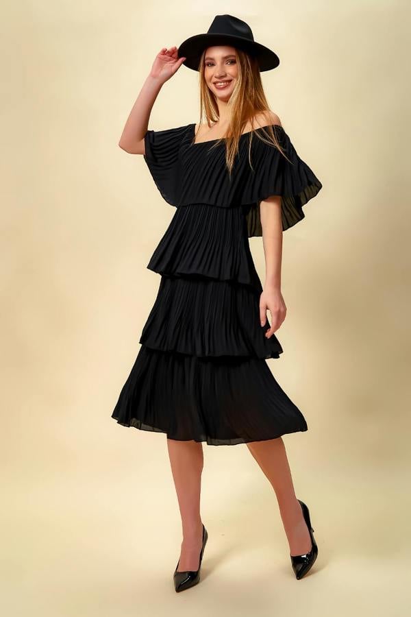 Hoxton Gal Oversized Midi Layered Dress in Black