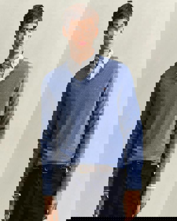 GANT Mens Classic Cotton V-Neck Jumper - 906 Denim Blue Melange