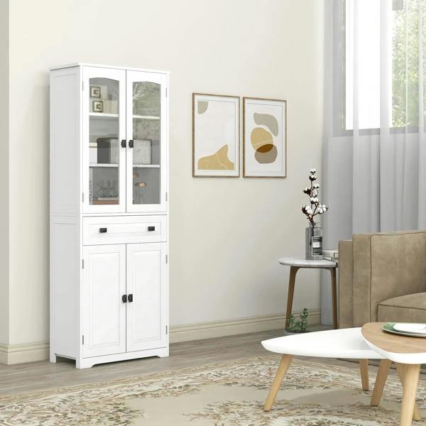 White display cabinet with glass doors and two lower cabinet doors