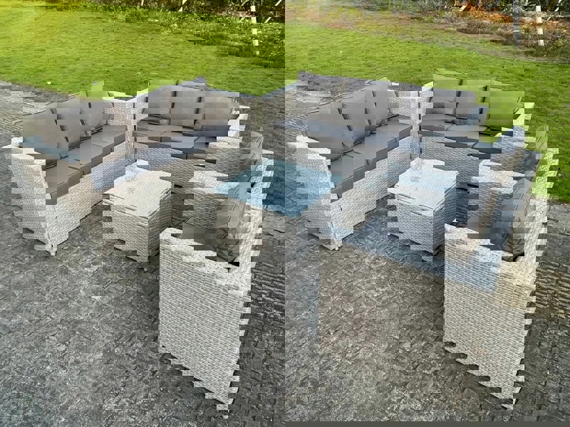 Fimous 8 Seater Light Grey Outdoor PE Rattan Garden Furniture Set Wicker Sofa Set Square Coffee Table 2 Armchair