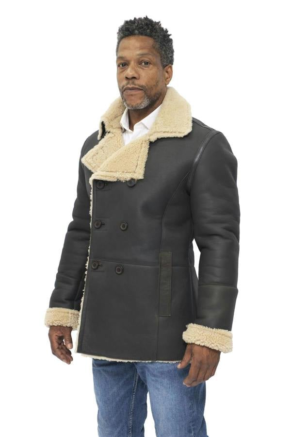 Infinity Leather Mens Double Breasted Shearling Sheepskin Pea Coat-Kington