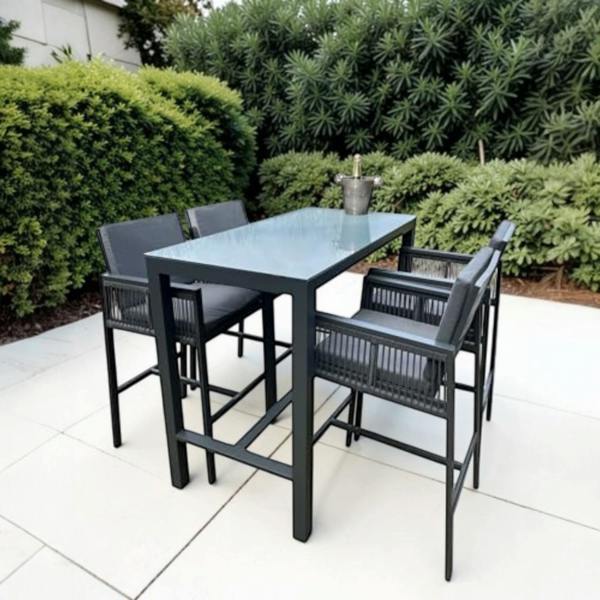 The Garden Marketplace Monaco 4 Seater Tall Garden Bar Table & Stool Set – Grey Powder-Coated Aluminium, Glass Top (140 x 70cm) with Cushions