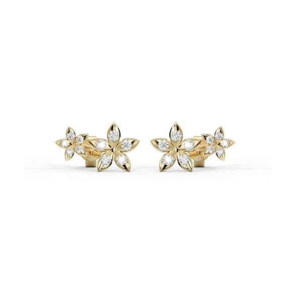 Bloomtine-gold-vermeil-flower-studs. A high-resolution-product-shot of a pair-of-gold-flower-shaped-earrings shown on a crisp-white-background. These 18kt-gold-vermeil-studs are designed-for-gifting, featuring a minimalist-botanical-blossom-design and crafted-with-a-925-sterling-silver-base. These-dainty-floral-earrings make an-elegant-jewellery-gift-idea-for-her, highlighting the-polished-gold-finish and professional-craftsmanship of the Bloomtine-brand.
