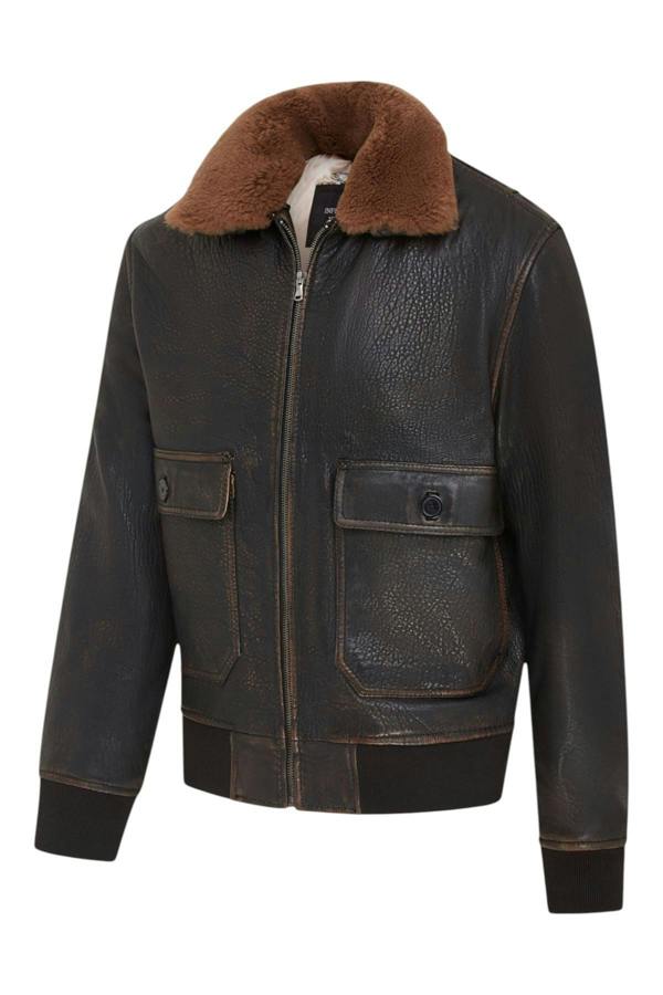 Infinity Leather Men's Brown Leather Bomber Sheepskin Collar G-1 Pilot Jacket - Trick