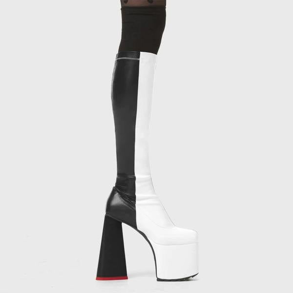 Lamoda Cruella Black & White PU Stretchy Platform Knee High Boots Fashion