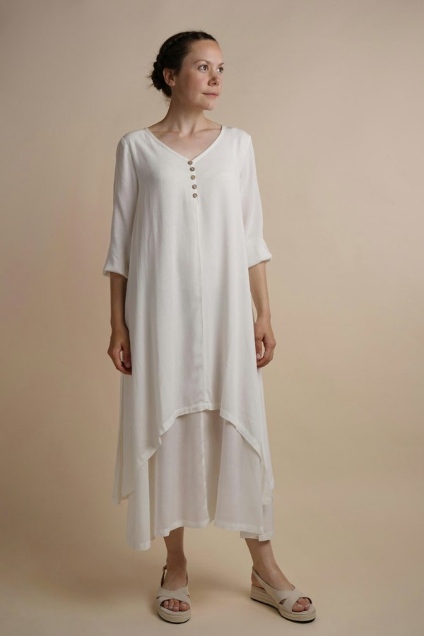 Antonia York White Layered Dress | Chelsea Loose Fitting Dress with Front Button Detail