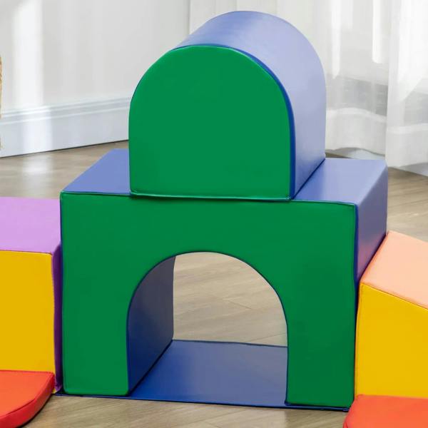 Multicolored foam playset tunnel block with green front and blue side panels