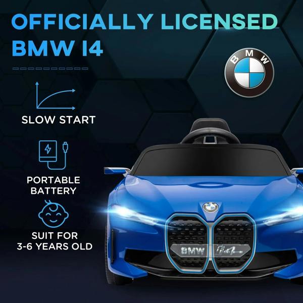 Blue BMW i4 kids electric ride-on car, front view with grille and lightbar-style headlights.