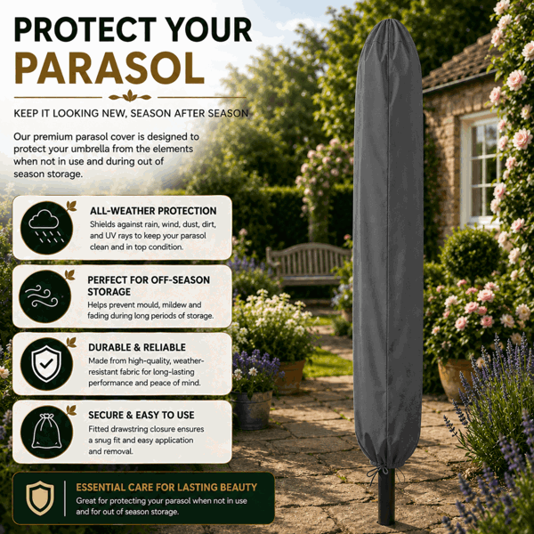 GlamHaus Garden Parasol Table Umbrella 2.7M Crank Handle, UV40 Protection, Includes Protection Cover, Robust Steel - Dark Grey