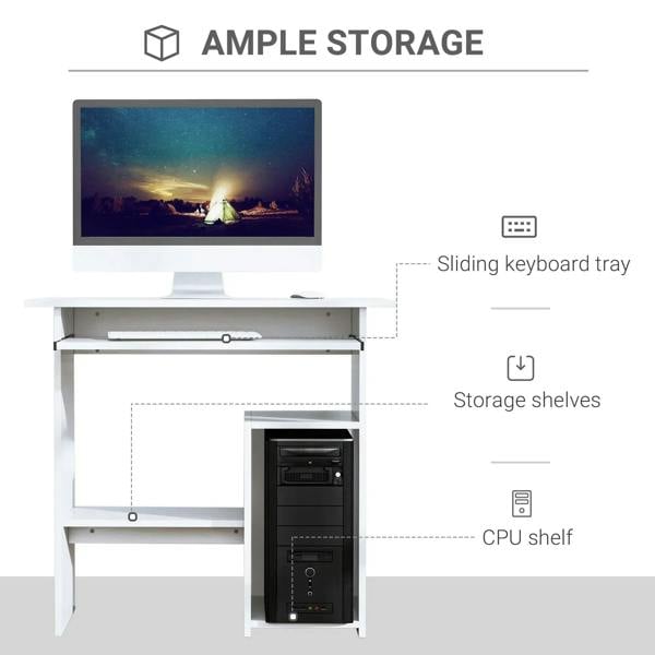 White computer desk with sliding keyboard tray, storage shelves, CPU shelf